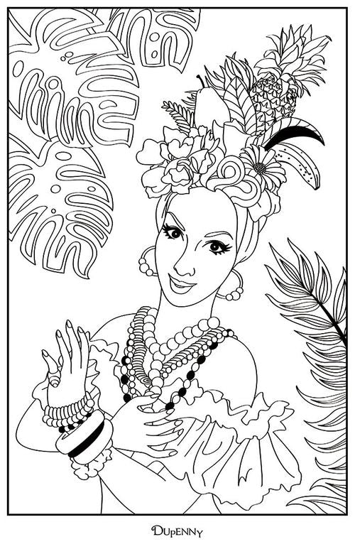 Coloring page of a woman in a tropical outfit with floral headpiece and leaves in the background.