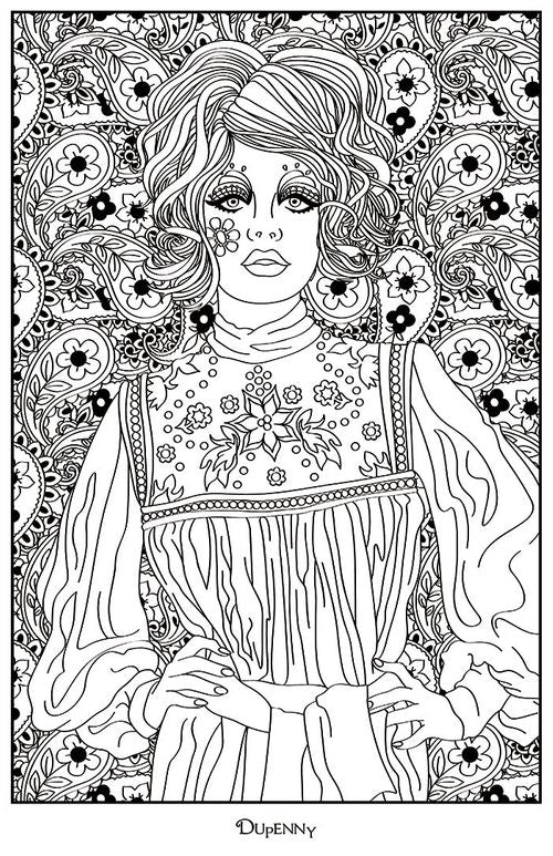 Coloring page of a stylized woman with intricate patterns and flowers, featuring the brand 'Dulceny'.
