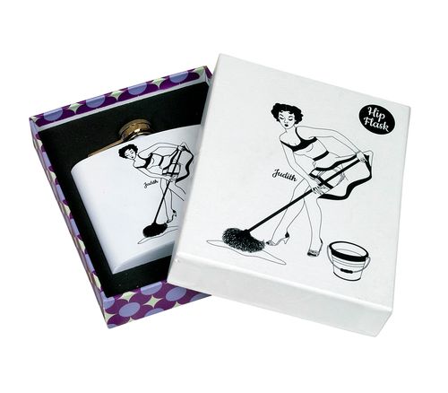 Flask with illustration of a woman cleaning and packaging in a box.