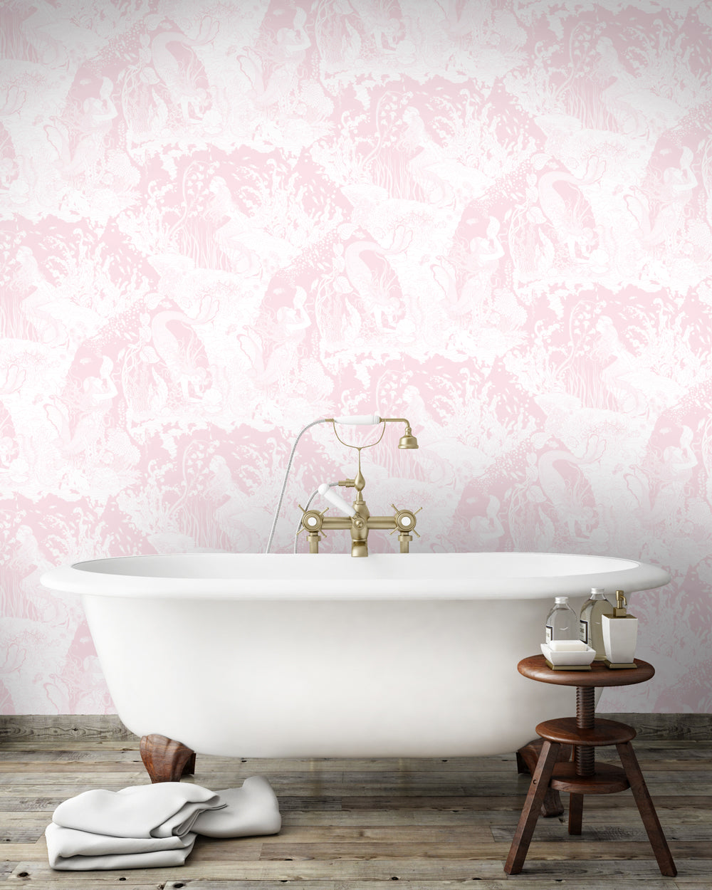 A section of wallpaper with a repeating pattern featuring mermaids and aquatic life in a pink color palette.