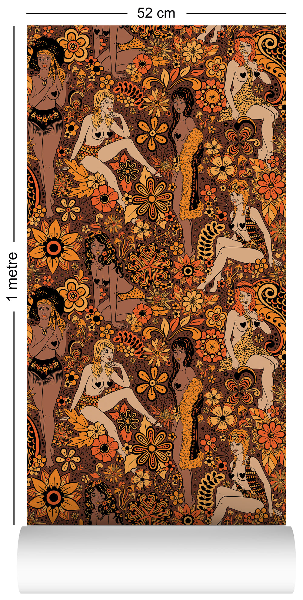 Dupenny's Summer of Love flower power wallpaper pattern in Acapulco Gold colourway