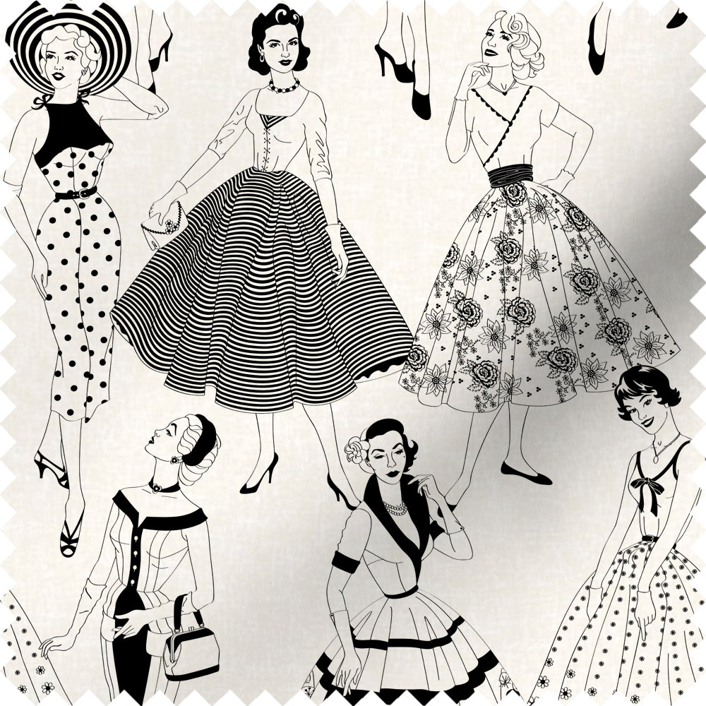 Illustrations of women in vintage dresses with different patterns on a white background