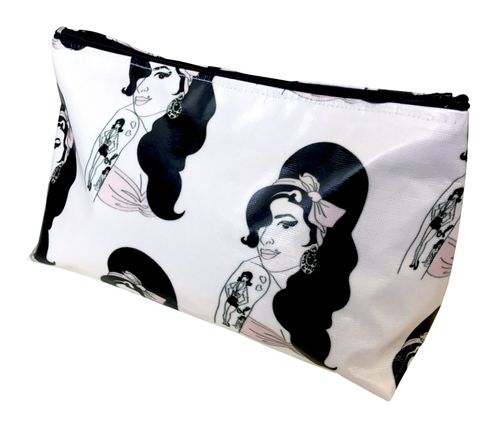 Pouch with black and white illustrations of a amy winehouse on a white background