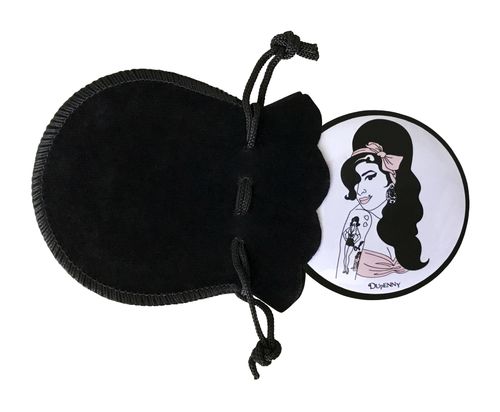 Black drawstring pouch with a circular pocket mirror featuring a stylized amy winehouse face design on a white background