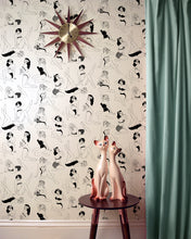 Load image into Gallery viewer, classic mid century black and white pinup girl wallcovering for interiors