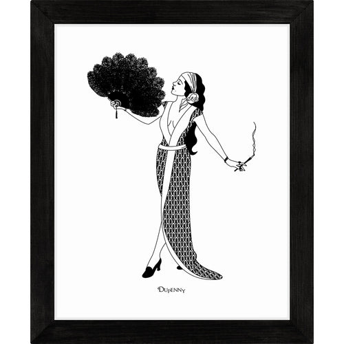 Monochrome art print of flapper girl holding fan and cigarette