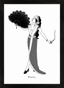 Monochrome art print of flapper girl holding fan and cigarette