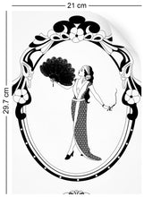 Load image into Gallery viewer, wallpaper sample with art nouveau design of 1920s glamorous woman in monochrome