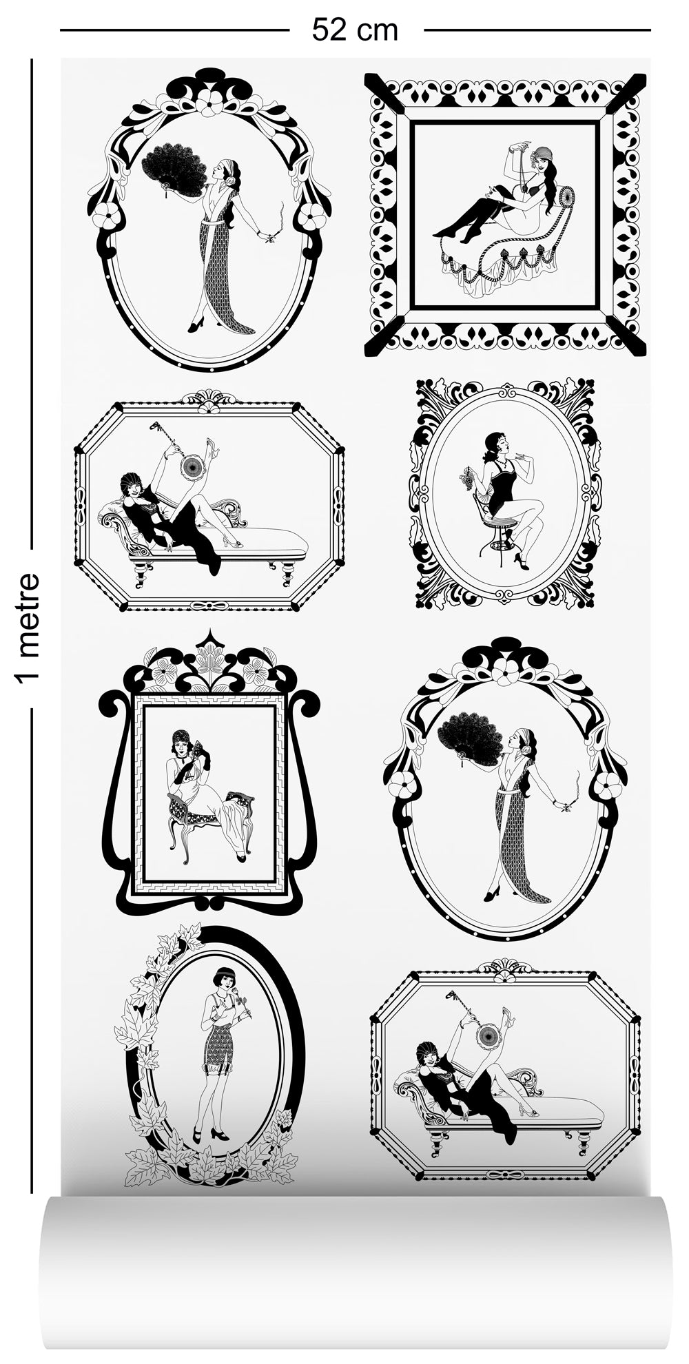 art nouveau wallpaper design of 1920s glamorous flapper girls in monochrome aubrey beardsely style