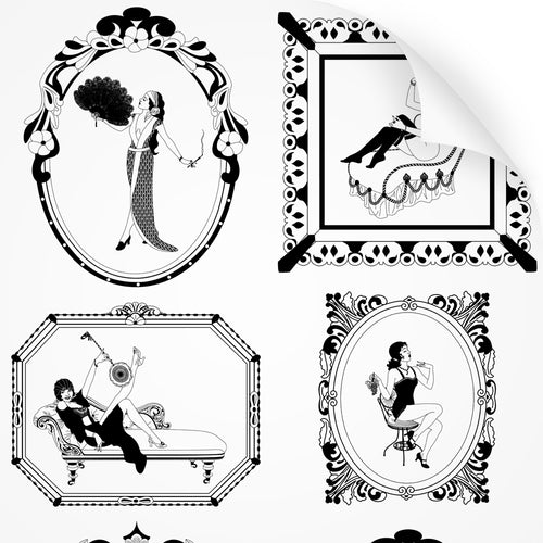 wallpaper sample with art nouveau design of 1920s glamorous woman in monochrome