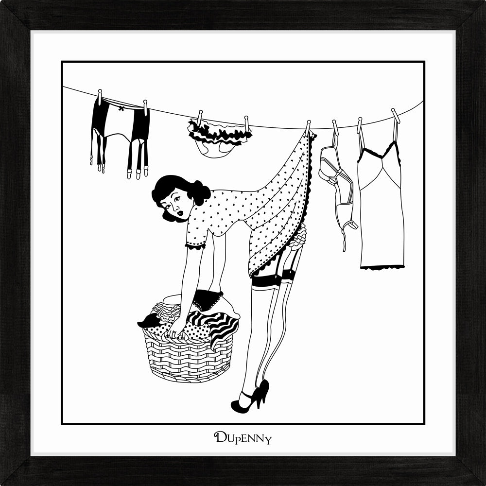Monochrome art print of 50s housewife hanging washing