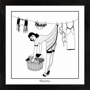 Monochrome art print of 50s housewife hanging washing