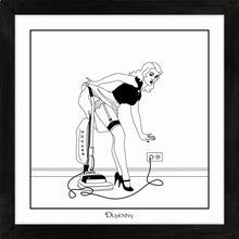 Load image into Gallery viewer, Monochrome art print of 50s housewife vacuuming
