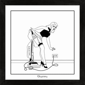 Monochrome art print of 50s housewife vacuuming