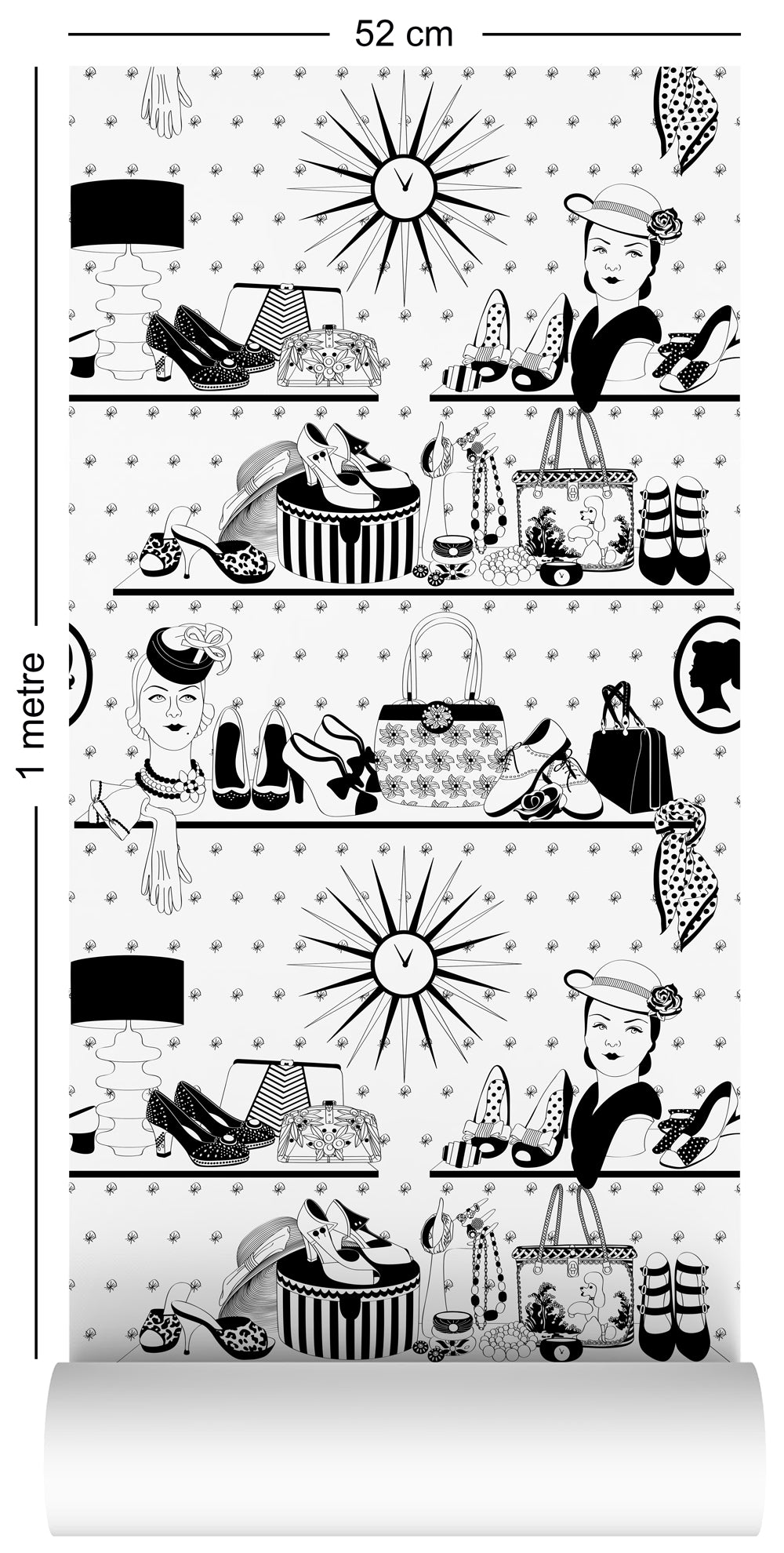 wallpaper roll with vintage handbags and jewellery design in monochrome
