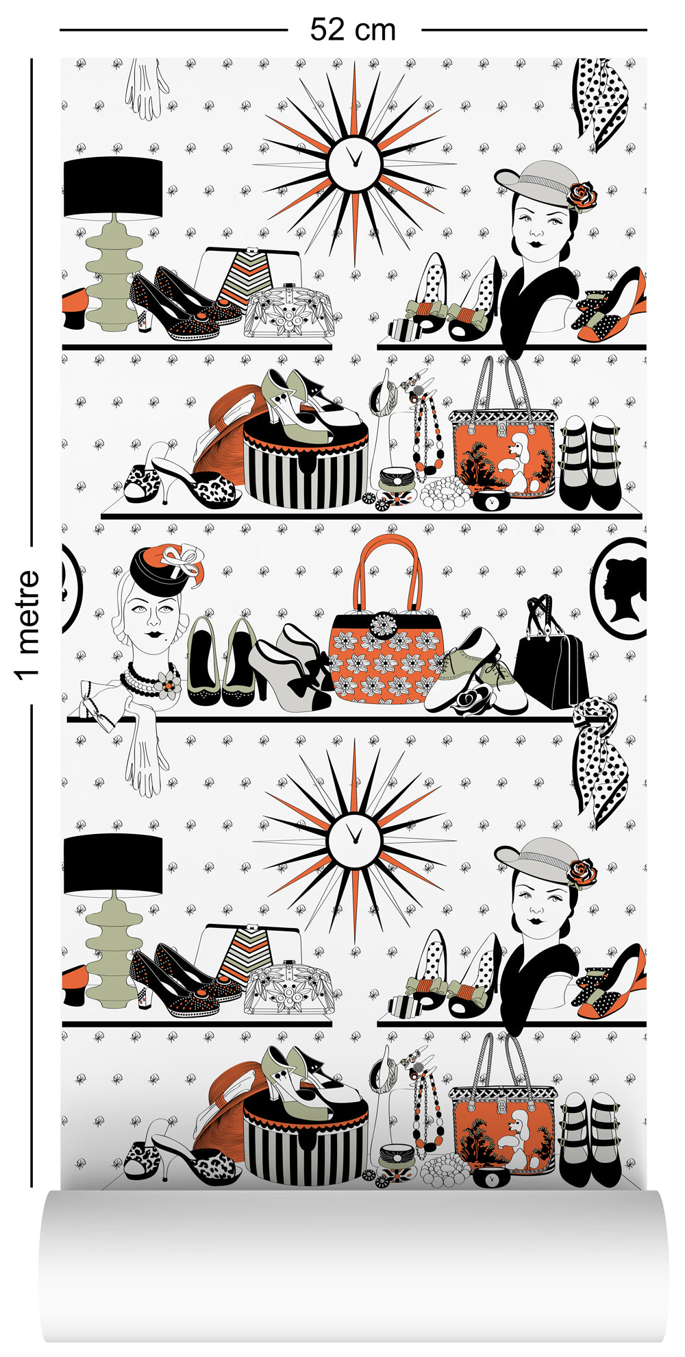 wallpaper roll with vintage handbags and jewellery design in retro colours