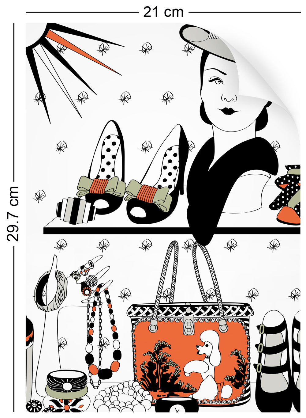 a4 wallpaper swatch with vintage handbags and jewellery design in retro colours