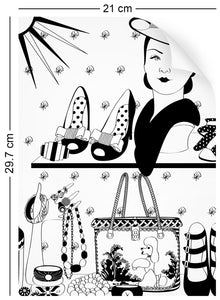 a4 wallpaper sample with vintage handbags and jewellery design in monochrome