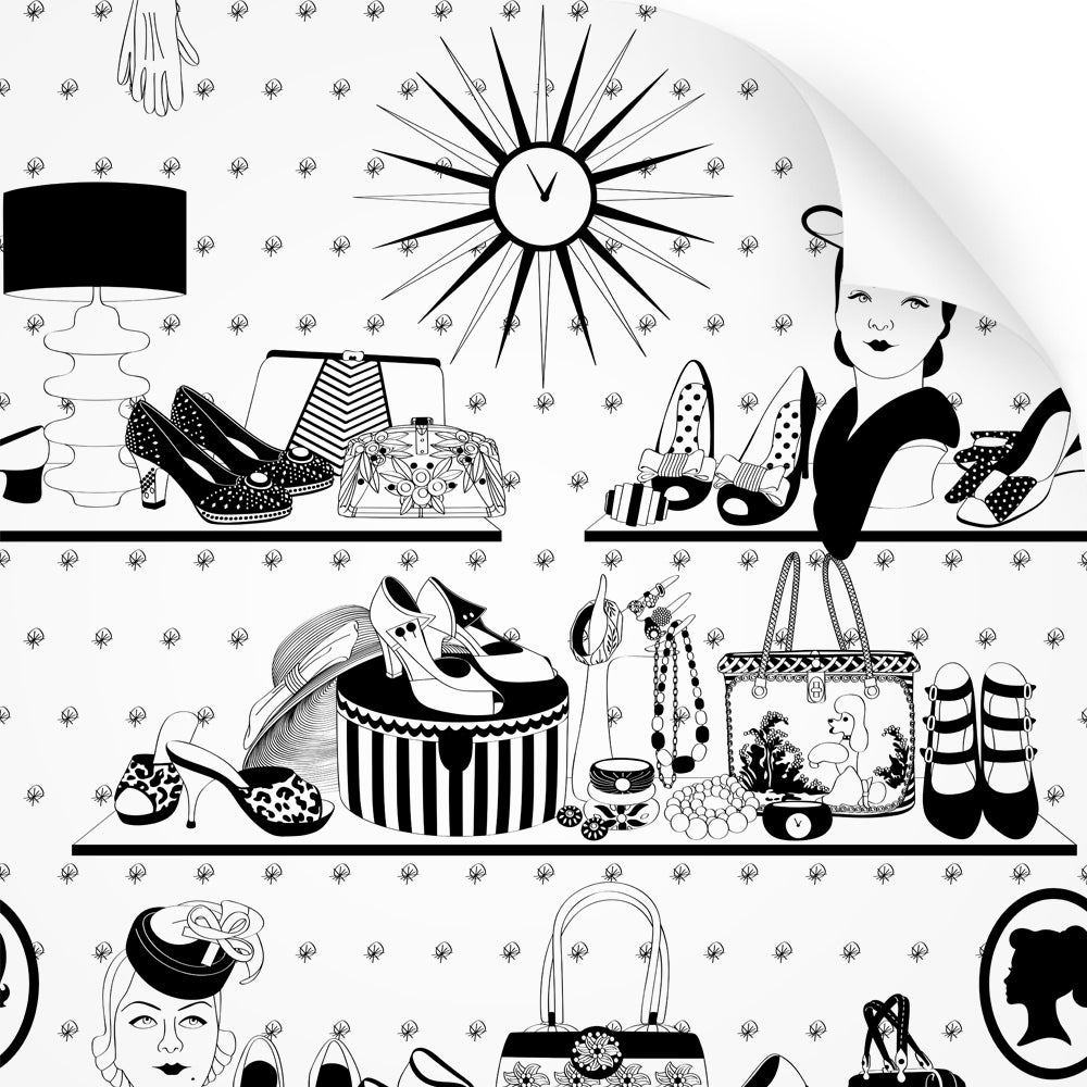 wallpaper swatch with vintage handbags and jewellery design in monochrome