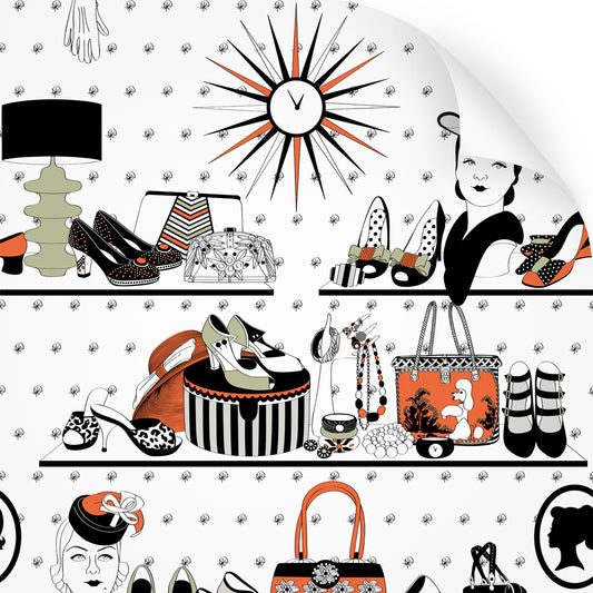 wallpaper swatch with vintage handbags and jewellery design in retro colours