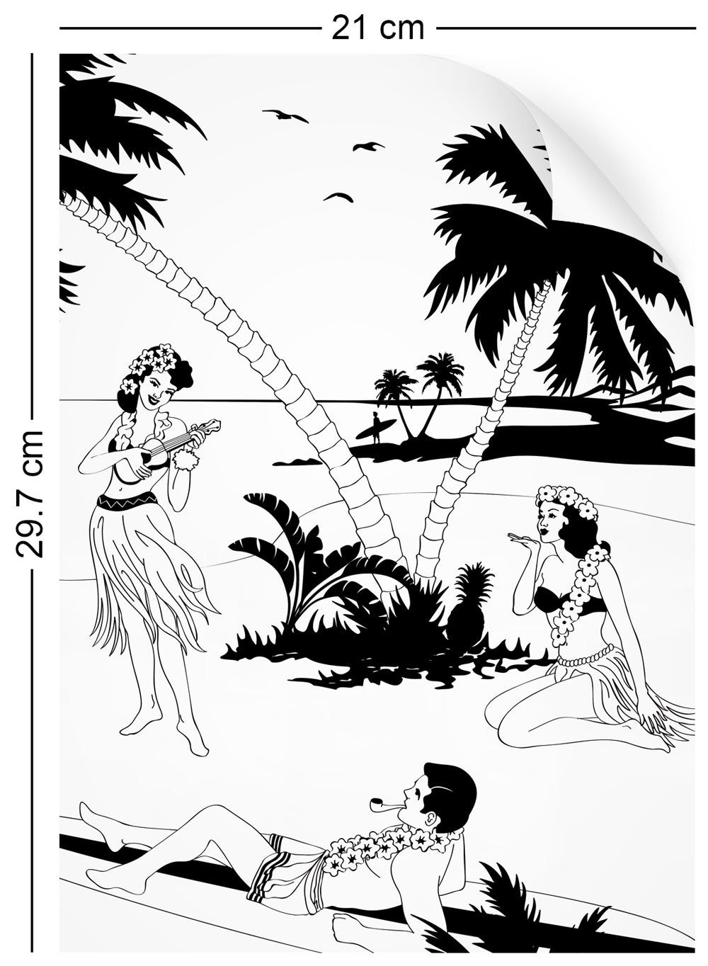 a4 wallpaper sample with Hawaiian surfers and hula girls design in black and white