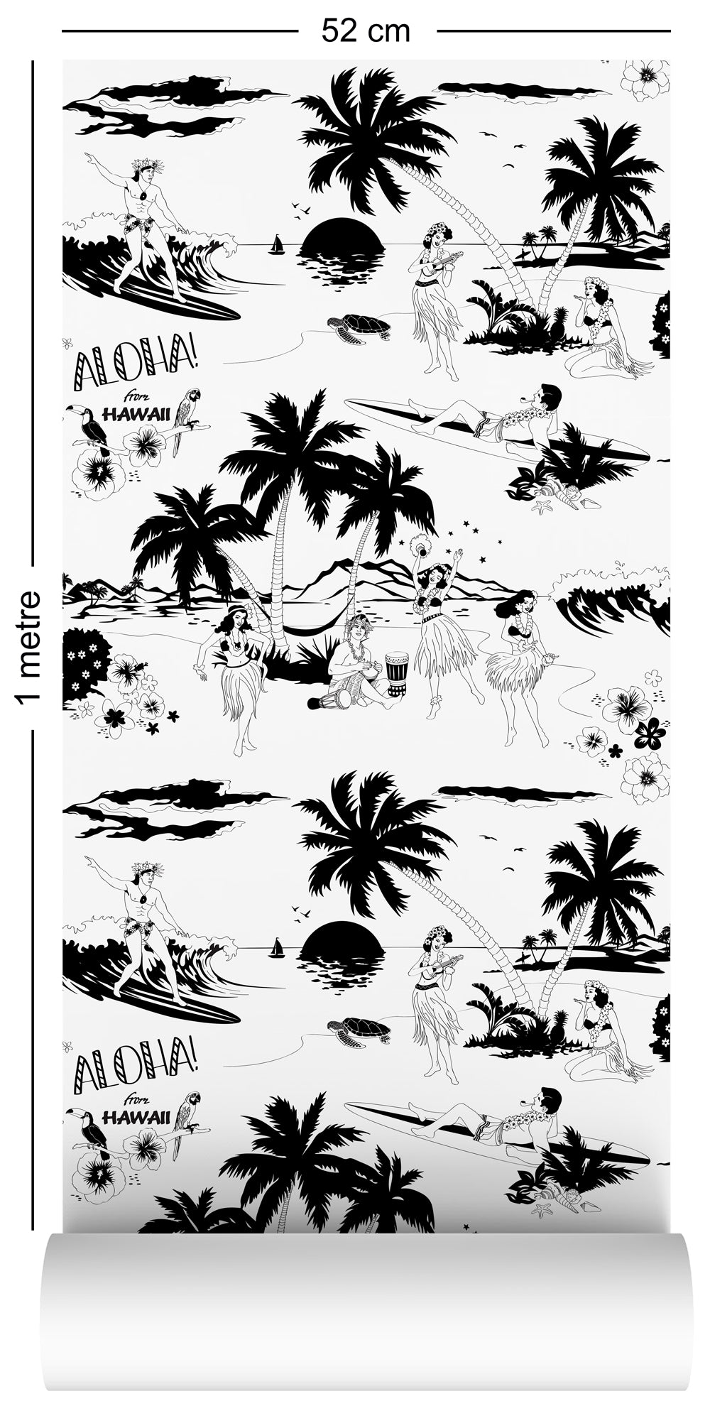 wallpaper roll with Hawaiian surfers and hula girls design in black and white