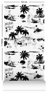 1m wallpaper sample with Hawaiian surfers and hula girls design in black and white 