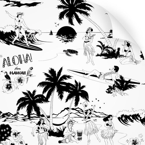 wallpaper sample with Hawaiian surfers and hula girls design in black and white 