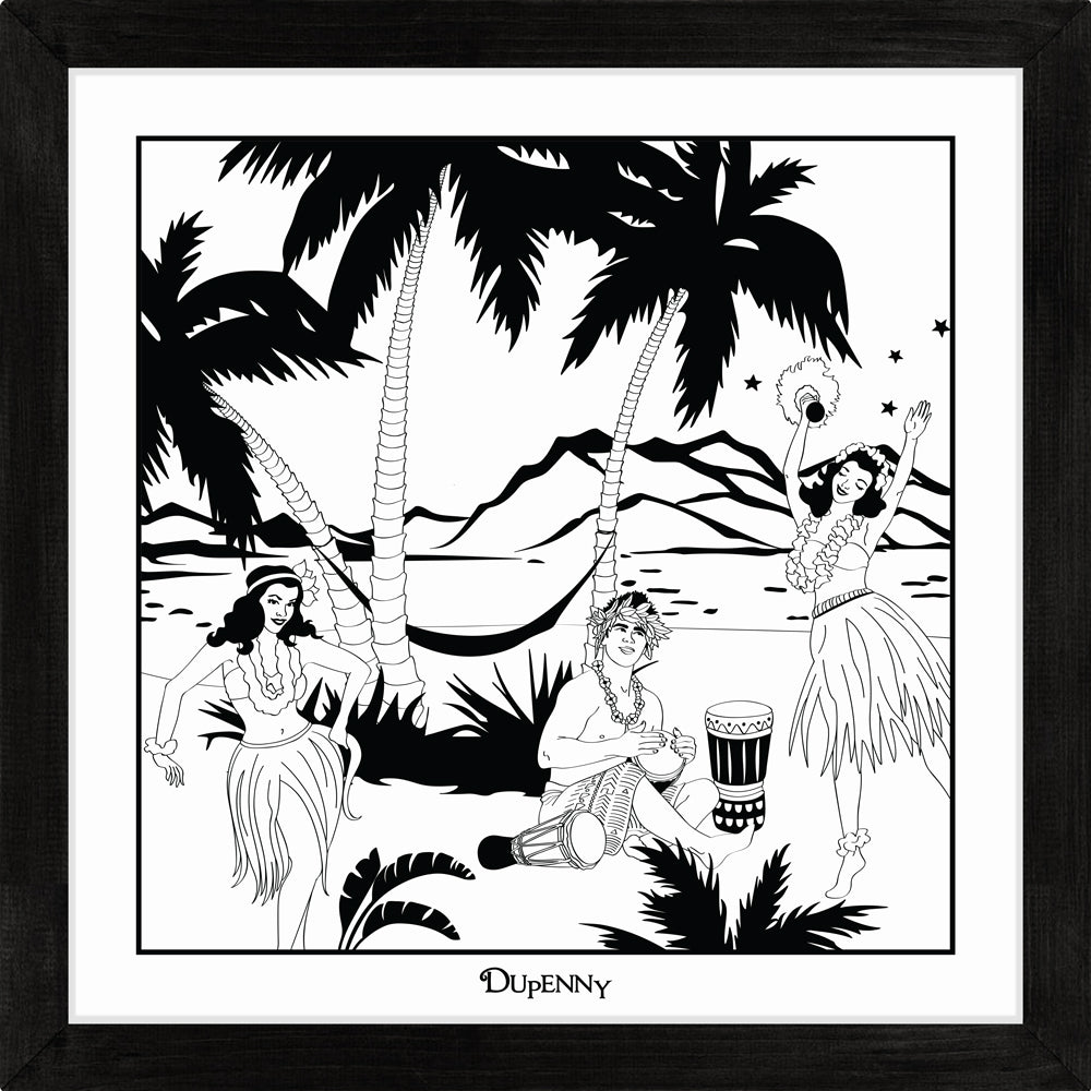 Hawaiian themed monochrome framed art print with bongo surfer and hula girls.