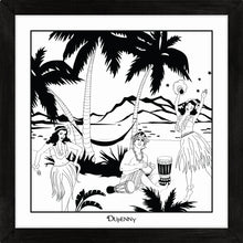 Load image into Gallery viewer, Hawaiian themed monochrome framed art print with bongo surfer and hula girls.