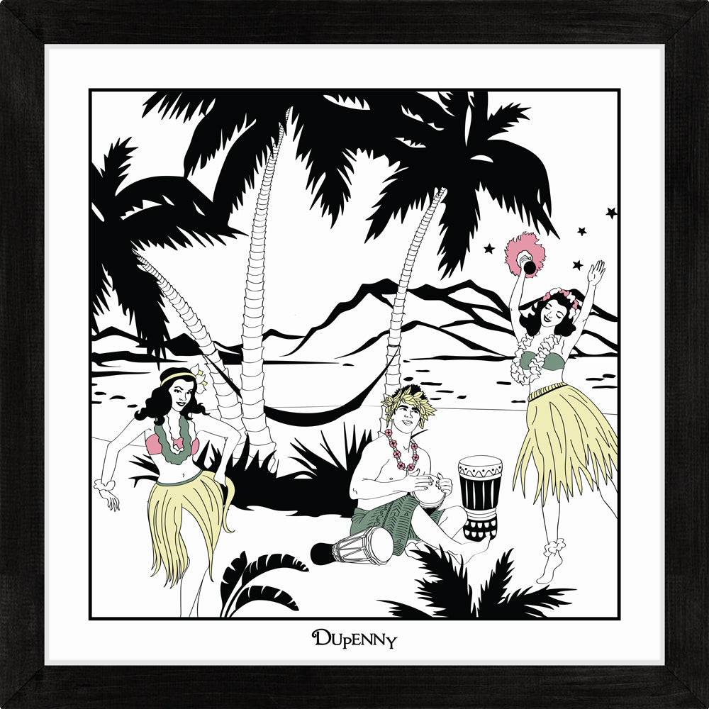 Hawaiian themed framed art prints with surfers and hula girls.