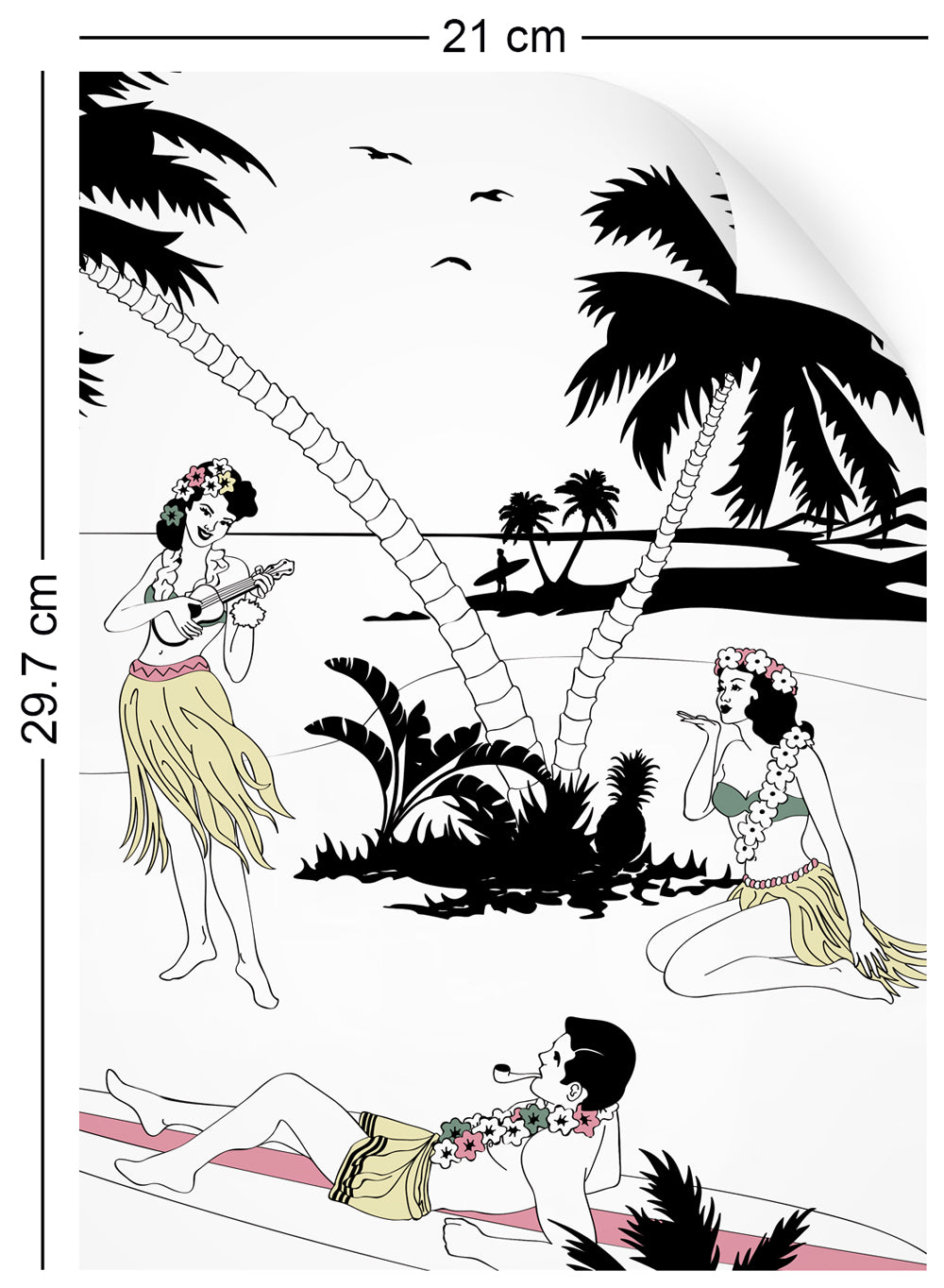 a4 wallpaper sample with Hawaiian surfer and hula girl design in retro colours