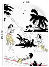 Load image into Gallery viewer, a4 wallpaper sample with Hawaiian surfer and hula girl design in retro colours