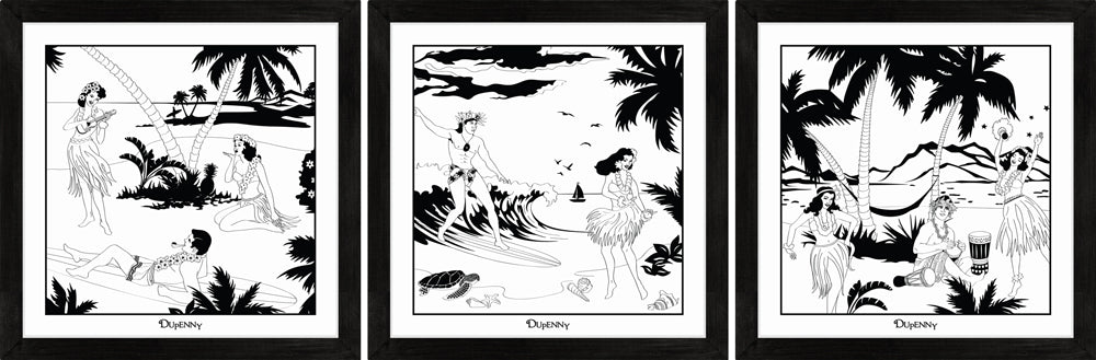 Set of three Hawaiian themed monochrome framed art prints with surfers and hula girls.
