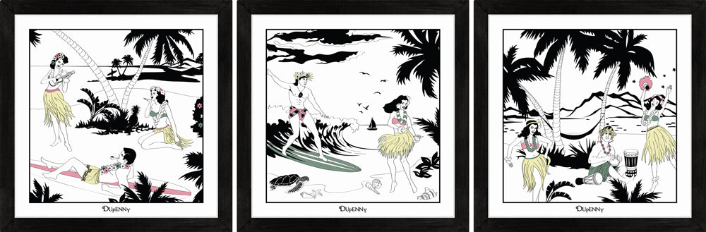 Set of three Hawaiian themed framed art prints with surfers and hula girls.