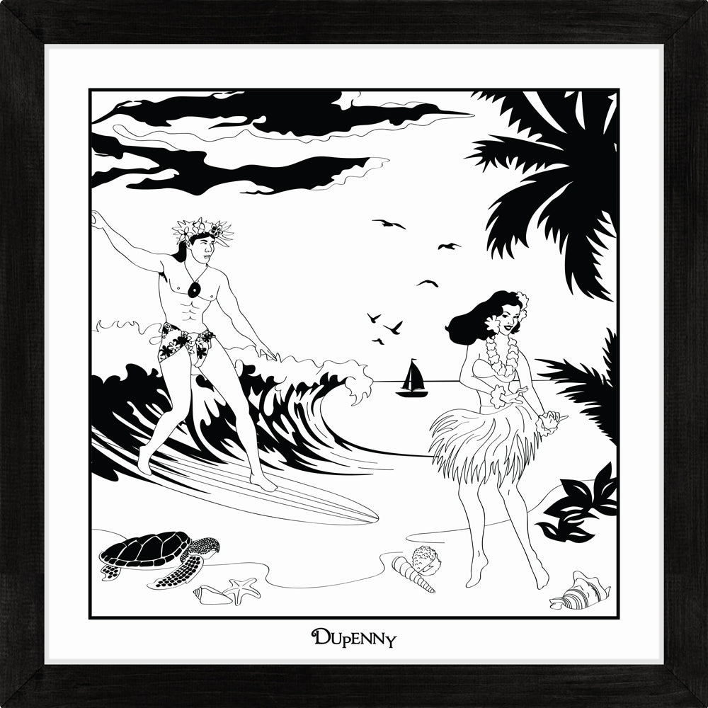 Hawaiian themed monochrome framed art print with surfers and hula girls.