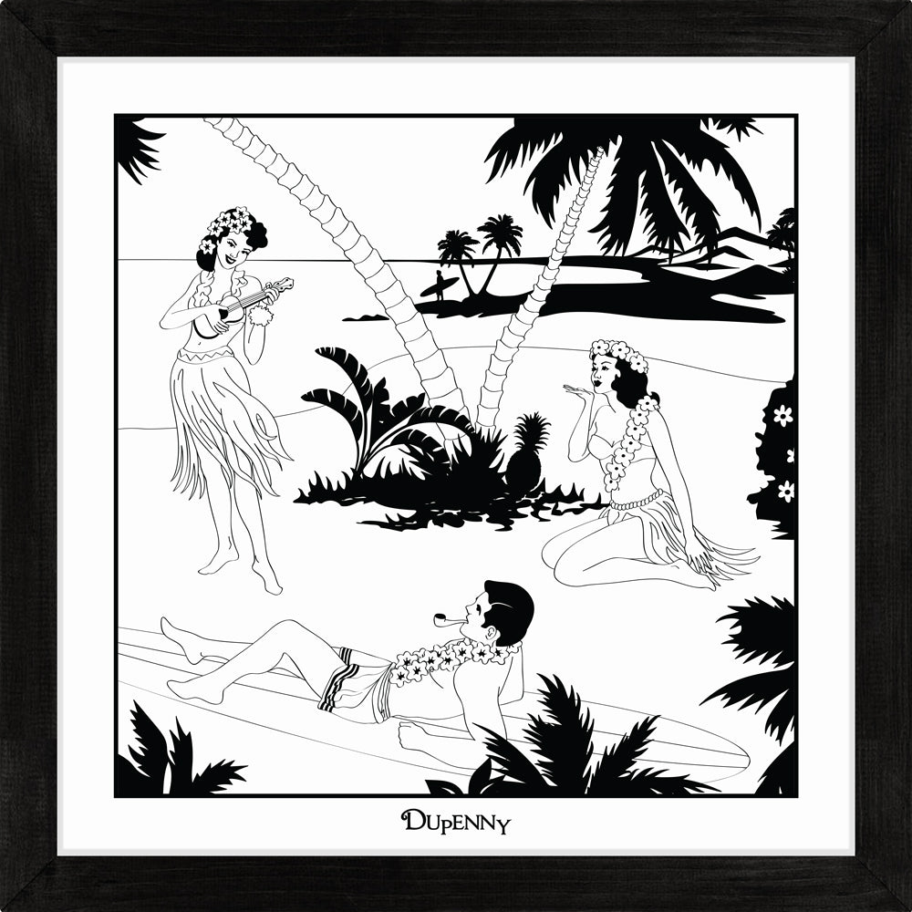 Hawaiian themed monochrome framed art print with surfers and hula girls.