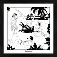 Load image into Gallery viewer, Hawaiian themed monochrome framed art print with surfers and hula girls.