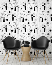 Load image into Gallery viewer, room-shot with atomic fifties wallpaper design in black and white