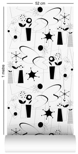 1m wallpaper swatch with atomic fifties design in black and white