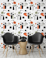 Load image into Gallery viewer, room shot with atomic fifties wallpaper design in retro colours