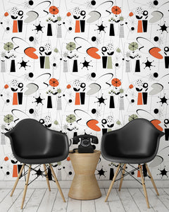room shot with atomic fifties wallpaper design in retro colours