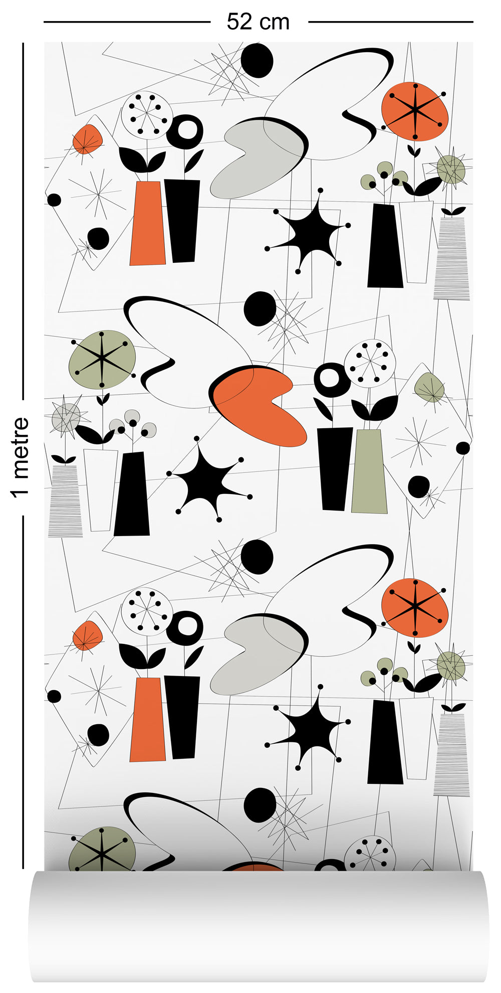 1m wallpaper swatch with atomic fifties design in retro colours