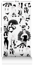 Load image into Gallery viewer, 1m wallpaper swatch with burlesque dancer design in monochrome with red lips
