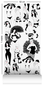 1m wallpaper swatch with burlesque dancer design in monochrome with red lips