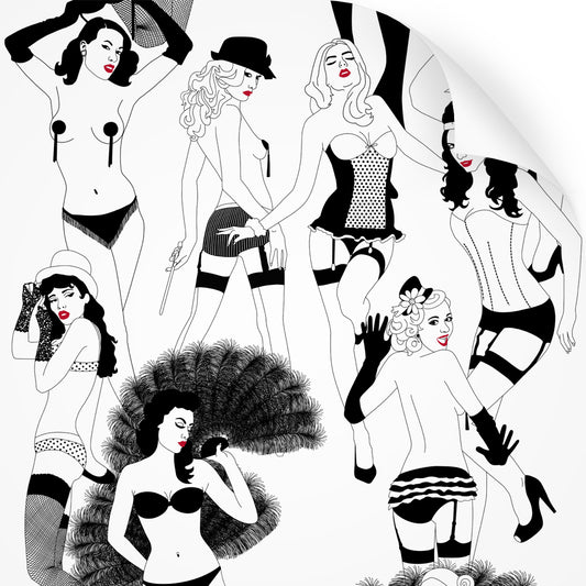 wallpaper swatch with burlesque design in monochrome with red lips