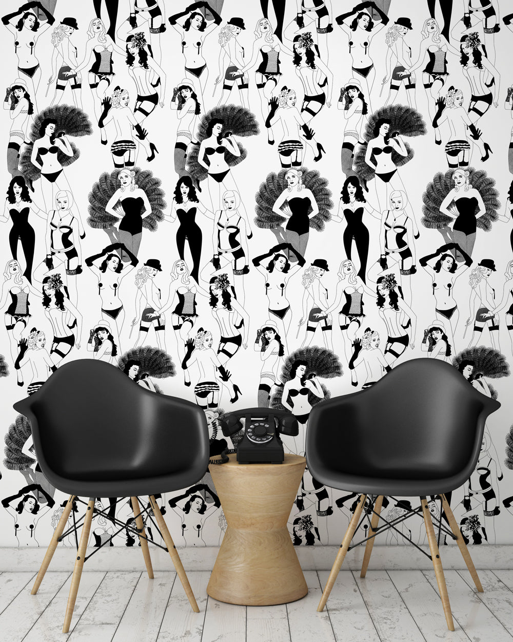 room shot with burlesque dancer wallpaper design in monochrome