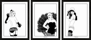 Set of three monochrome burlesque girl art prints