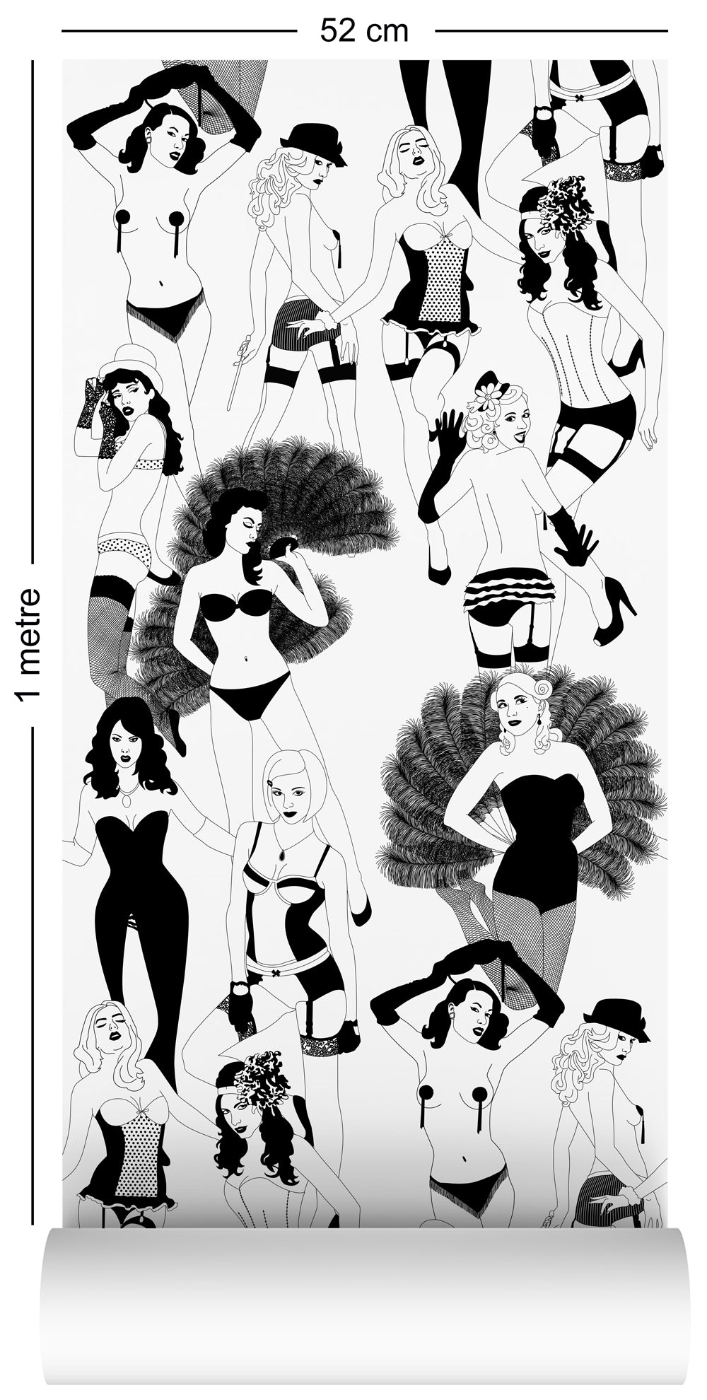 1m wallpaper sample with burlesque dancer design in monochrome