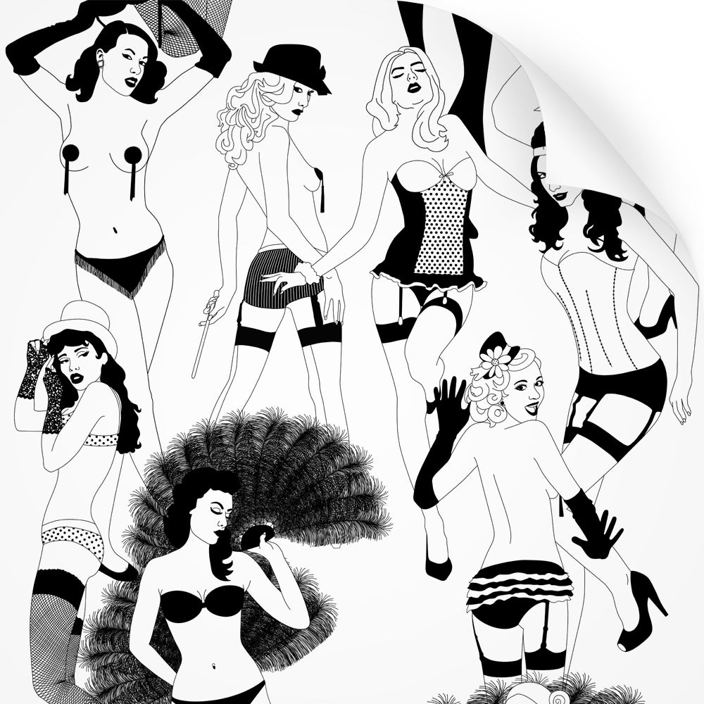 wallpaper swatch with burlesque dancer design in monochrome
